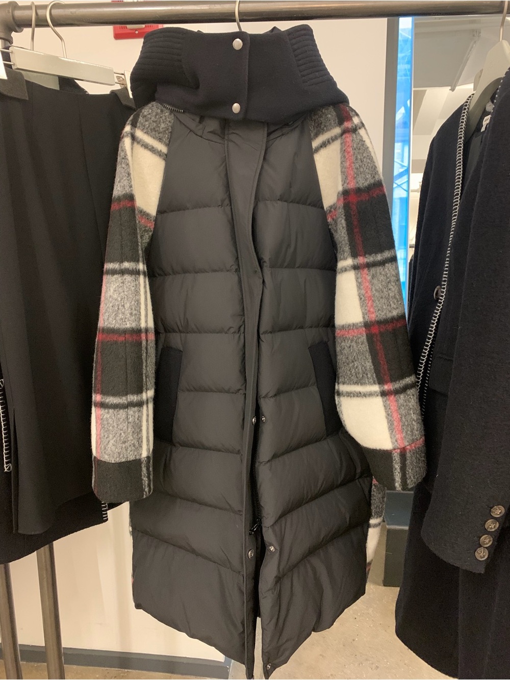 Jason Wu Black Puffer Coat with Plaid Wool Sleeves